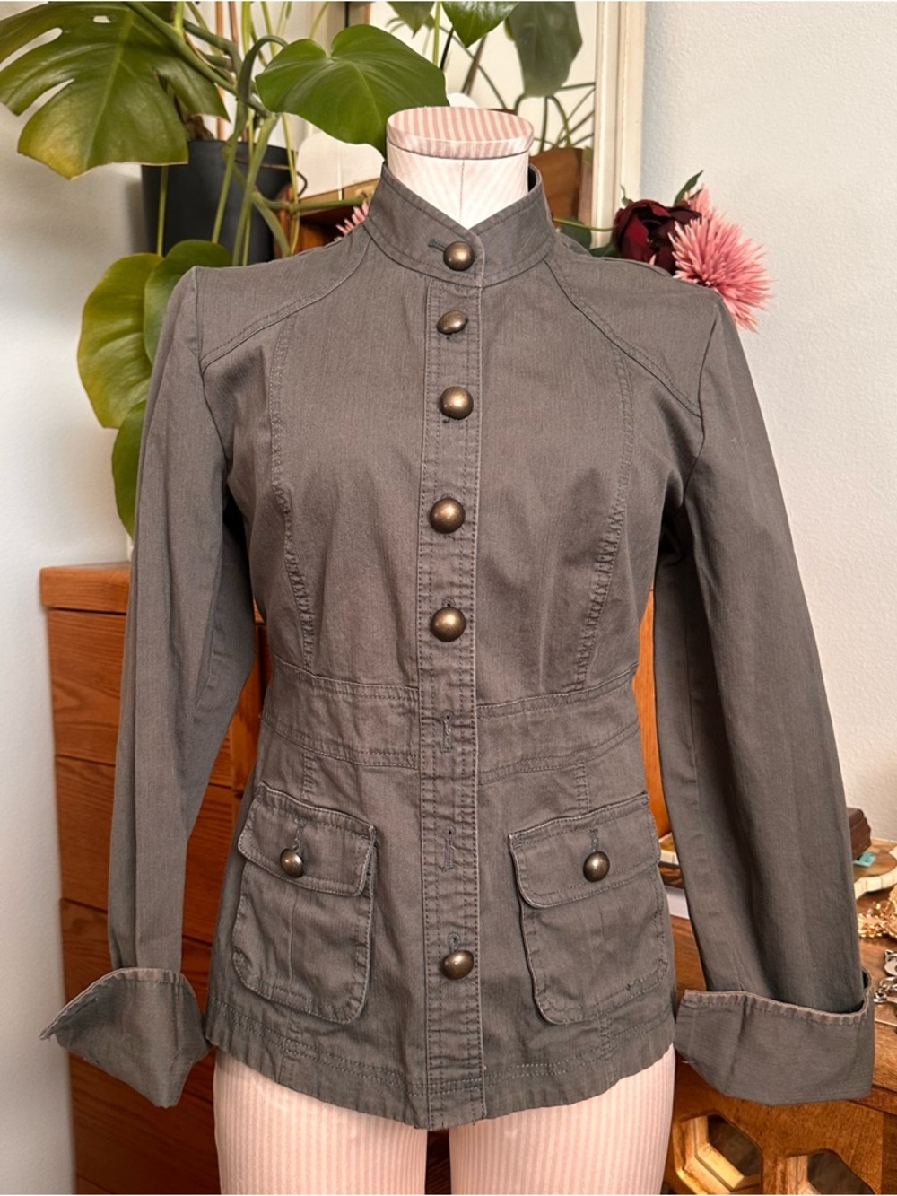 New York & Company Olive Utility Jacket with Brass Buttons